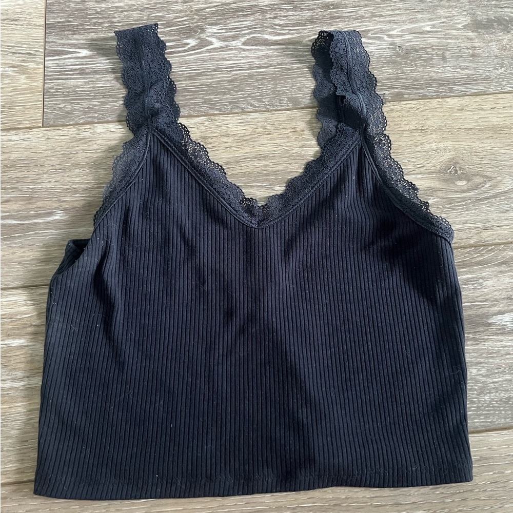 American Eagle Lace Navy Blue Ribbed Tank Top